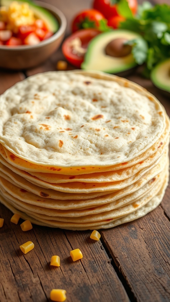 A stack of warm Guerrero-style tortillas on a wooden table, surrounded by fresh ingredients for tacos.